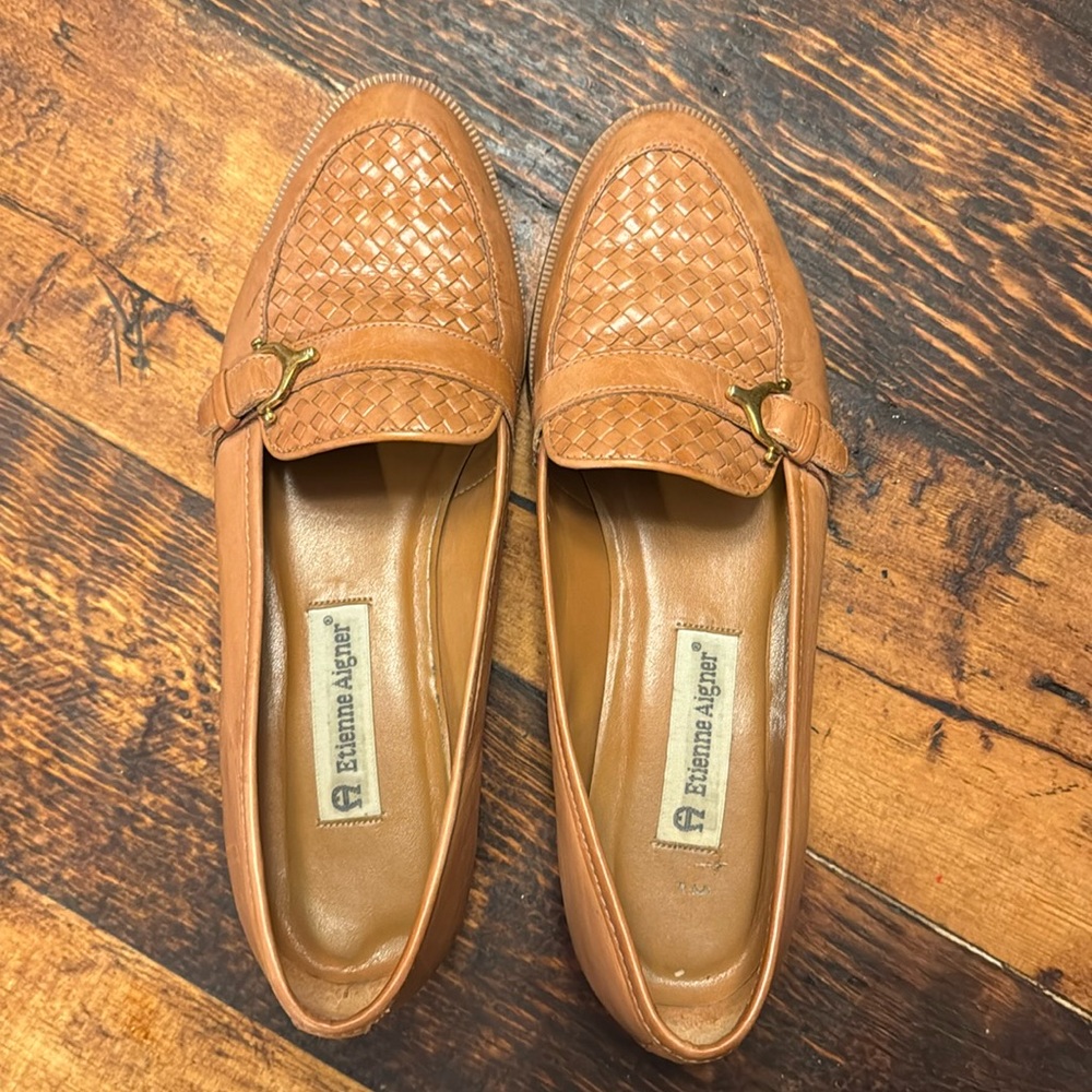 Etienne Aigner Tan Woven Leather Loafers